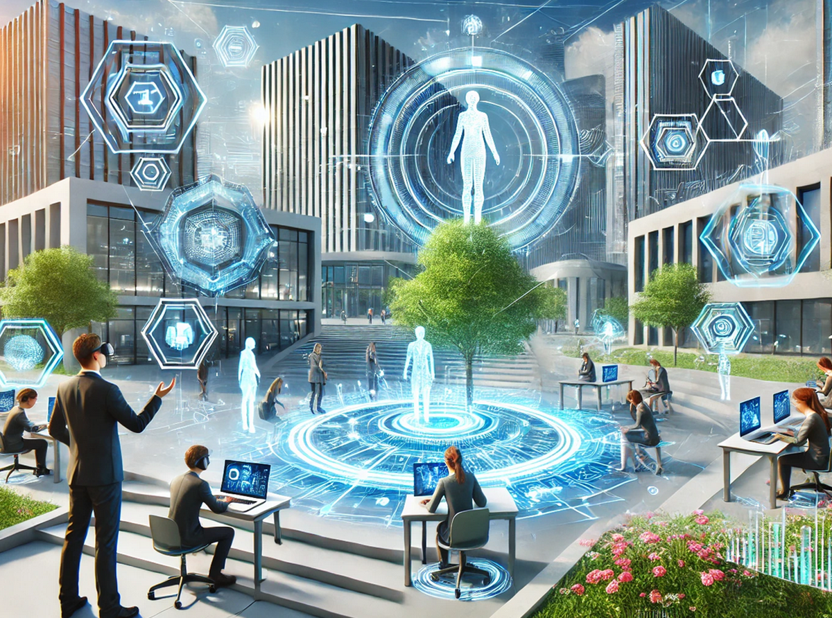 A futuristic university campus with AI-driven learning environments, holographic professors, and students interacting with virtual and augmented reality, symbolizing the transformation of higher education.