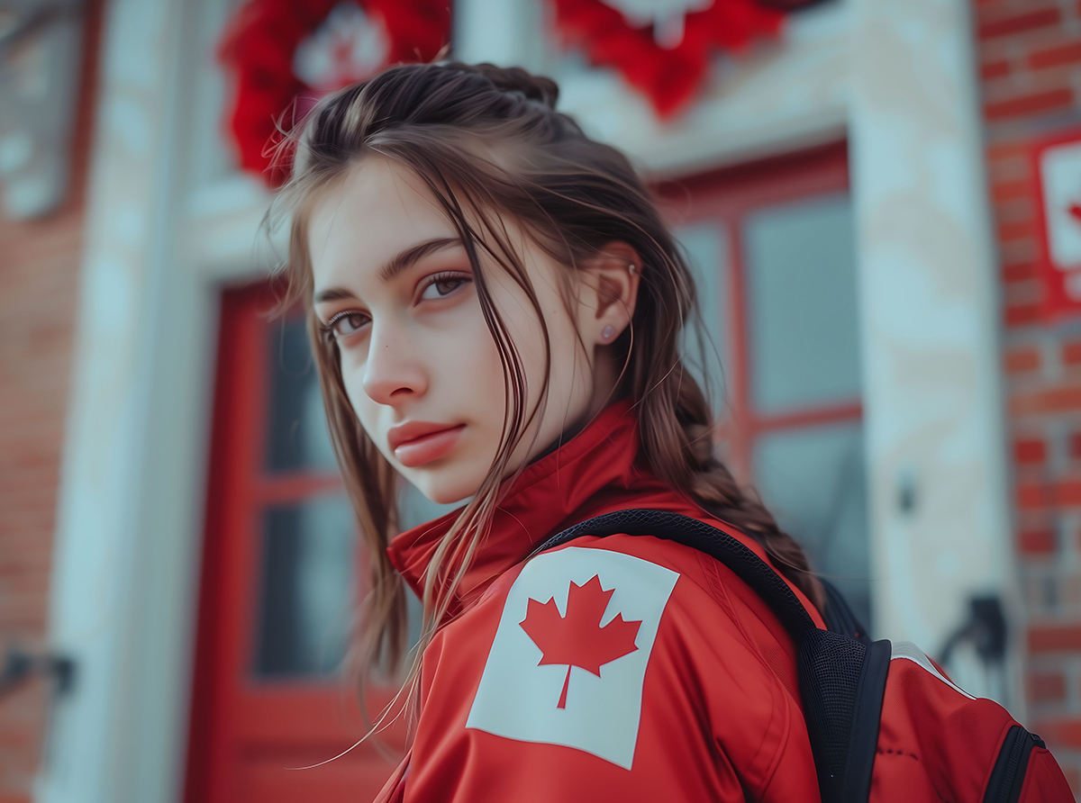 A student proudly wearing a Canadian flag, symbolizing education and diversity.